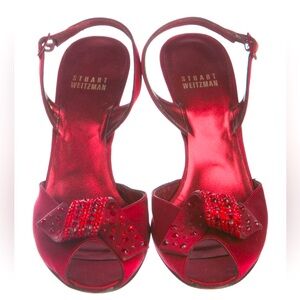 Stuart Weitzman Satin Red Peep Toe Heels
